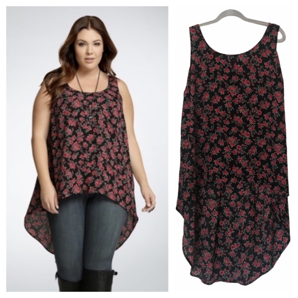 Torrid High Low Flowy Sleeveless Tank Tunic Top 1 red Rose floral plus size
